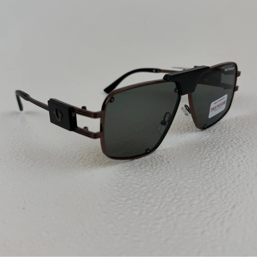 NWT True Religion Aviator Sunglasses Solid Lens Brown Frame Bold Hardware Unisex